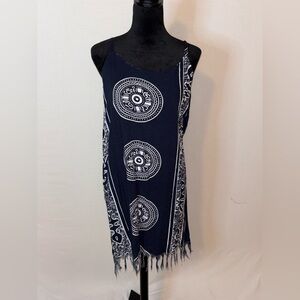 Blue and White Mini Dress with Fringe and Medallion Patterns/ Bathing Suit Cover